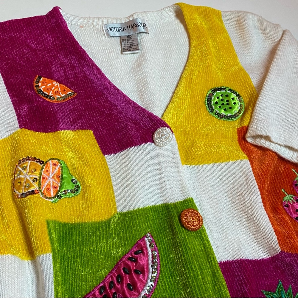 ESTATE ✝️SIZE VTG VICTORIA HARBOUR CROTCHET BEADED SEQUIN FRUIT S/S SWEATER XL